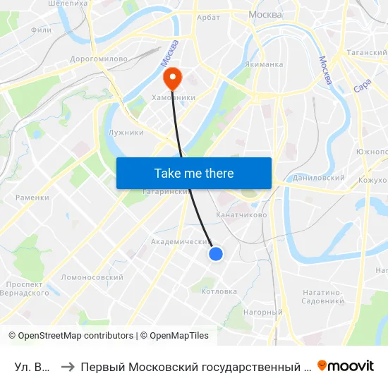 Ул. Винокурова to Первый Московский государственный медицинский университет им. И. М. Сеченова map