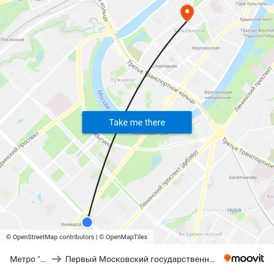 Метро "Университет" to Первый Московский государственный медицинский университет им. И. М. Сеченова map