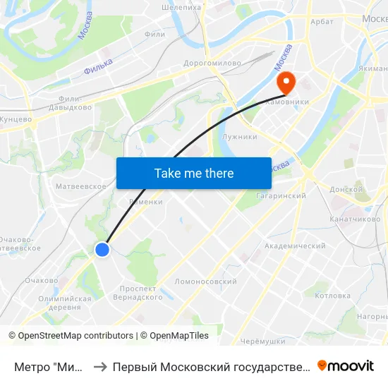 Метро "Мичуринский проспект" to Первый Московский государственный медицинский университет им. И. М. Сеченова map