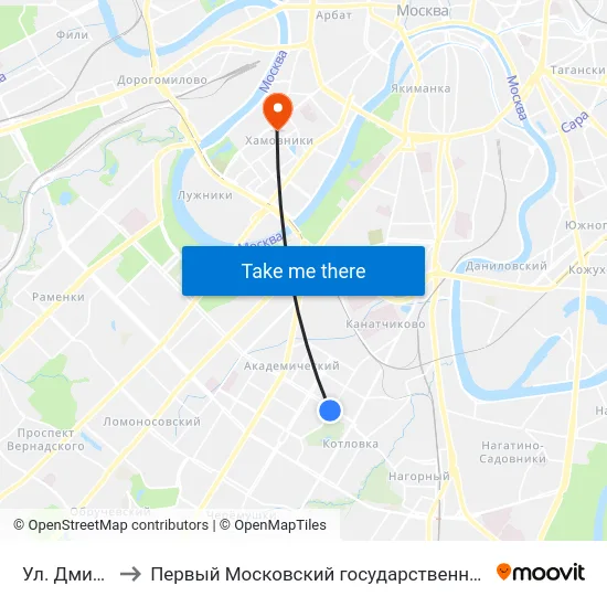 Ул. Дмитрия Ульянова to Первый Московский государственный медицинский университет им. И. М. Сеченова map