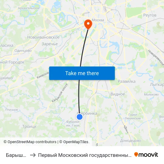 Барышевская роща to Первый Московский государственный медицинский университет им. И. М. Сеченова map
