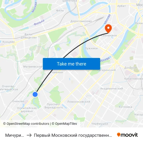 Мичуринский просп. to Первый Московский государственный медицинский университет им. И. М. Сеченова map