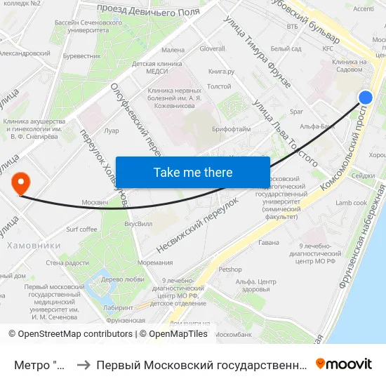 Метро "Парк культуры" to Первый Московский государственный медицинский университет им. И. М. Сеченова map
