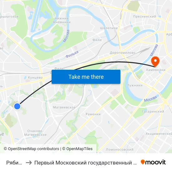 Рябиновая ул. to Первый Московский государственный медицинский университет им. И. М. Сеченова map