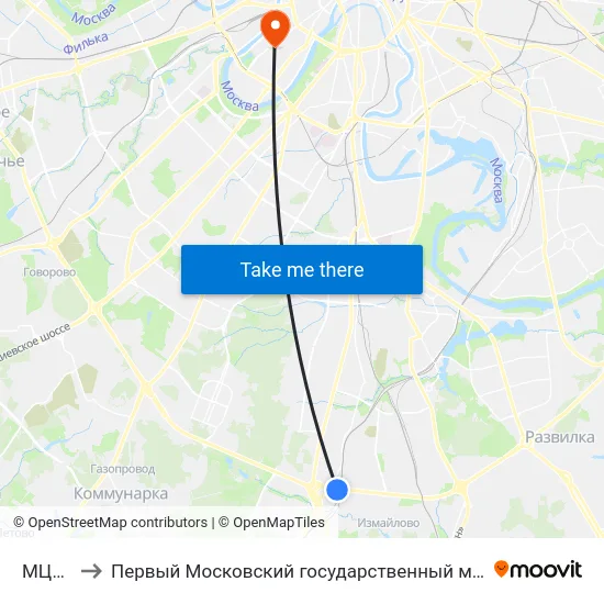 МЦД Битца to Первый Московский государственный медицинский университет им. И. М. Сеченова map
