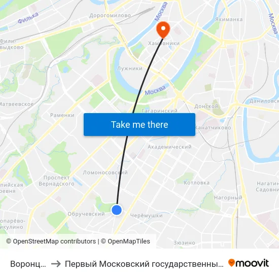 Воронцовский парк to Первый Московский государственный медицинский университет им. И. М. Сеченова map