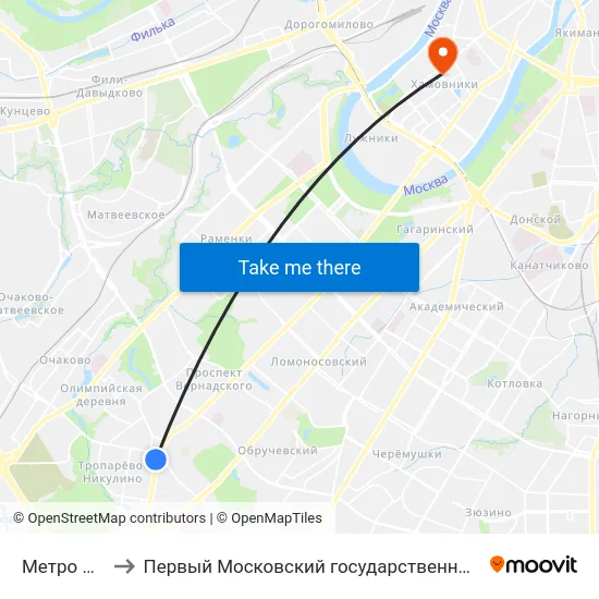 Метро Юго-Западная to Первый Московский государственный медицинский университет им. И. М. Сеченова map