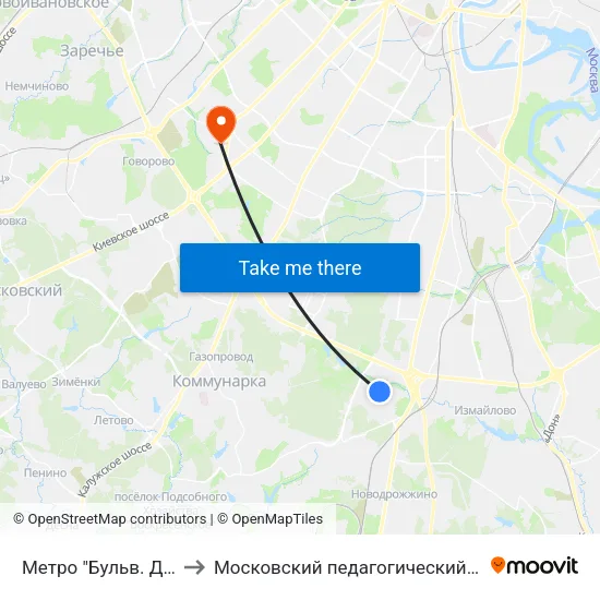 Метро "Бульв. Дмитрия Донского" to Московский педагогический государственный университет map