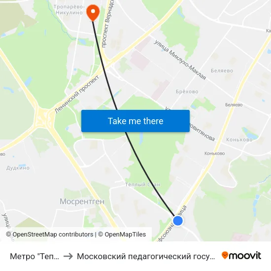 Метро "Теплый Стан" to Московский педагогический государственный университет map