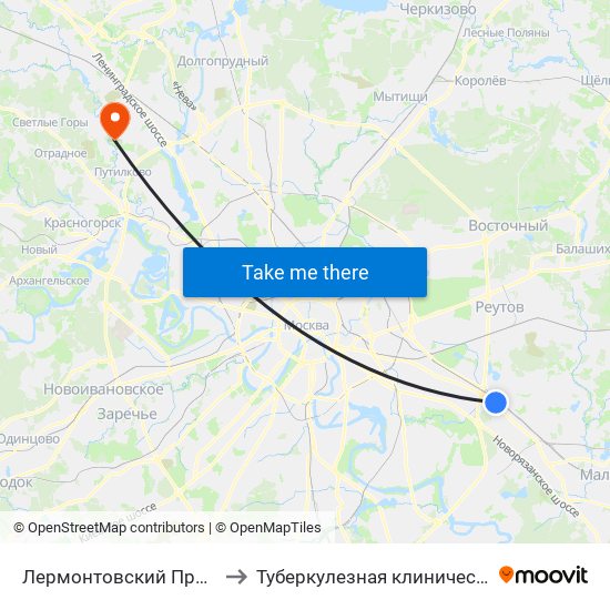 Лермонтовский Проспект (Lermontovsky Prospekt) to Туберкулезная клиническая больница № 3 им. Г.А.Захарьина map