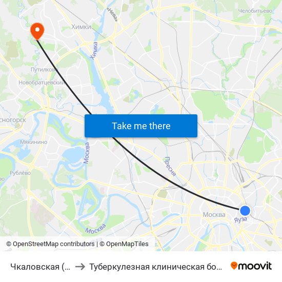 Чкаловская (Chkalovskaya) to Туберкулезная клиническая больница № 3 им. Г.А.Захарьина map