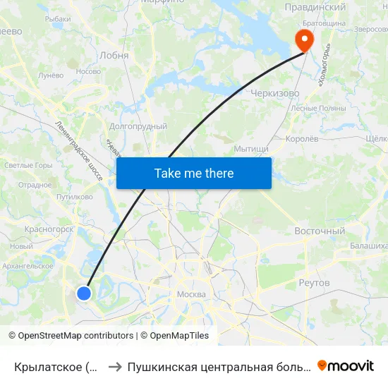 Крылатское (Krylatskoe) to Пушкинская центральная больница им. Розанова map
