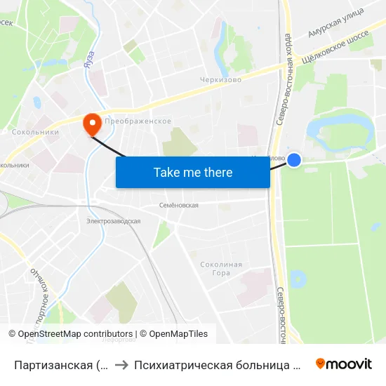 Партизанская (Partizanskaya) to Психиатрическая больница №4 им. В.А. Гиляровского map