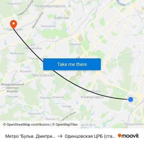 Метро "Бульв. Дмитрия Донского" to Одинцовская ЦРБ (старый корпус) map