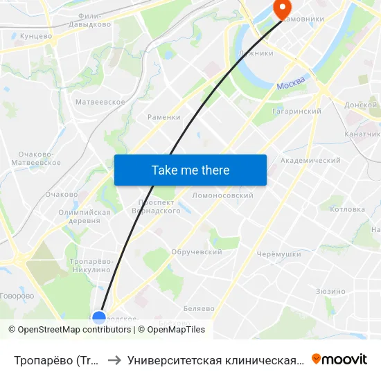 Тропарёво (Troparevo) to Университетская клиническая больница №1 map
