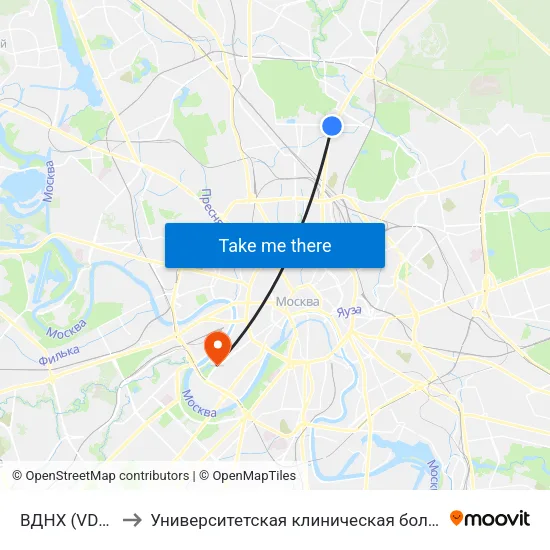 ВДНХ (VDNKh) to Университетская клиническая больница №1 map