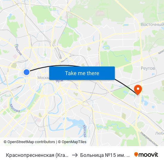 Краснопресненская (Krasnopresnenskaya) to Больница №15 им. О.М. Филатова map