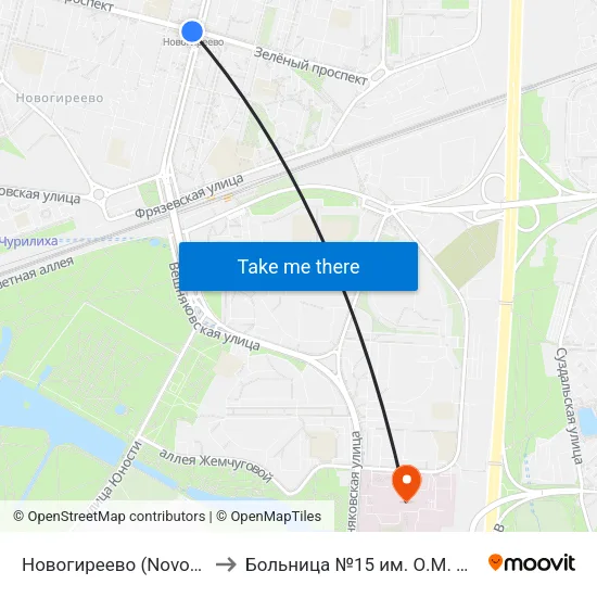 Новогиреево (Novogireevo) to Больница №15 им. О.М. Филатова map