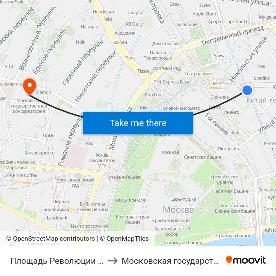 Площадь Революции (Ploschad Revolyutsii) to Московская государственная консерватория map