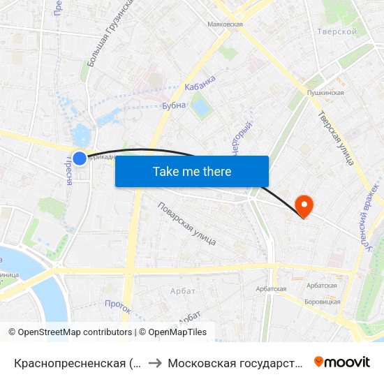 Краснопресненская (Krasnopresnenskaya) to Московская государственная консерватория map
