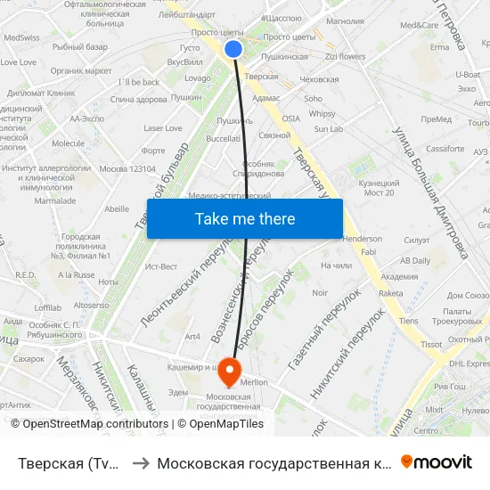 Тверская (Tverskaya) to Московская государственная консерватория map