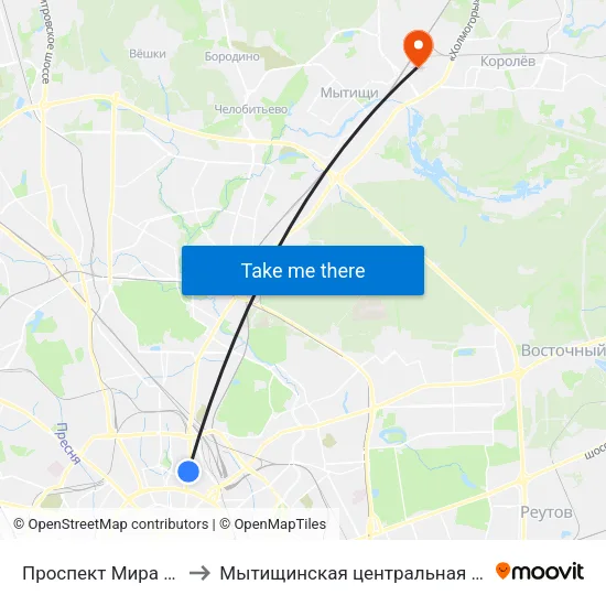 Проспект Мира (Prospekt Mira) to Мытищинская центральная клиническая больница map