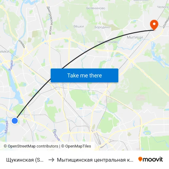 Щукинская (Schukinskaya) to Мытищинская центральная клиническая больница map