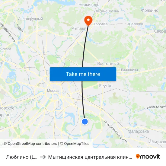 Люблино (Lyublino) to Мытищинская центральная клиническая больница map