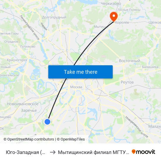 Юго-Западная (Yugo-Zapadnaya) to Мытищинский филиал МГТУ им. Н. Э. Баумана (МГУЛ) map