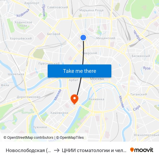 Новослободская (Novoslobodskaya) to ЦНИИ стоматологии и челюстно-лицевой хирургии map