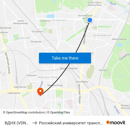 ВДНХ (VDNKh) to Российский университет транспорта map