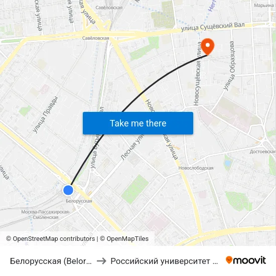 Белорусская (Belorusskaya) to Российский университет транспорта map