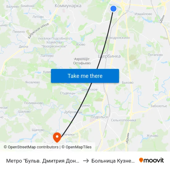 Метро "Бульв. Дмитрия Донского" to Больница Кузнечики map