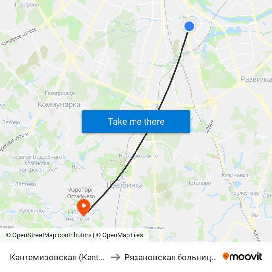 Кантемировская (Kantemirovskaya) to Рязановская больница Кузнечики map