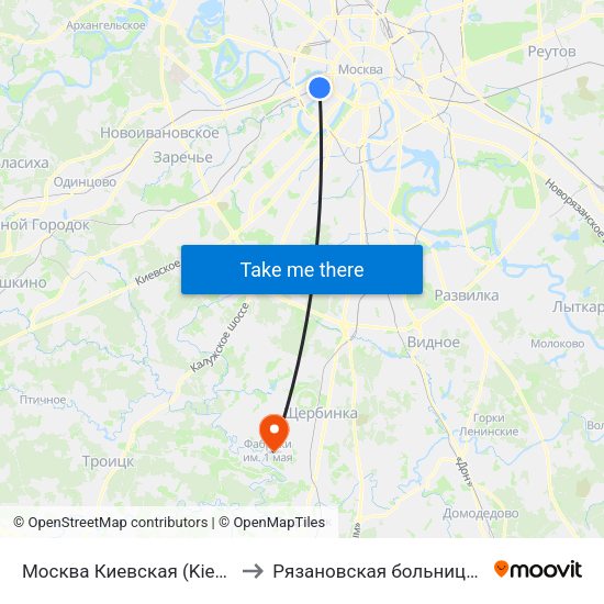 Москва Киевская (Kievsky Station) to Рязановская больница Кузнечики map
