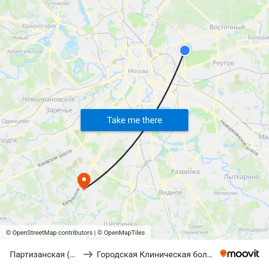 Партизанская (Partizanskaya) to Городская Клиническая больница 40 Коммунарка map