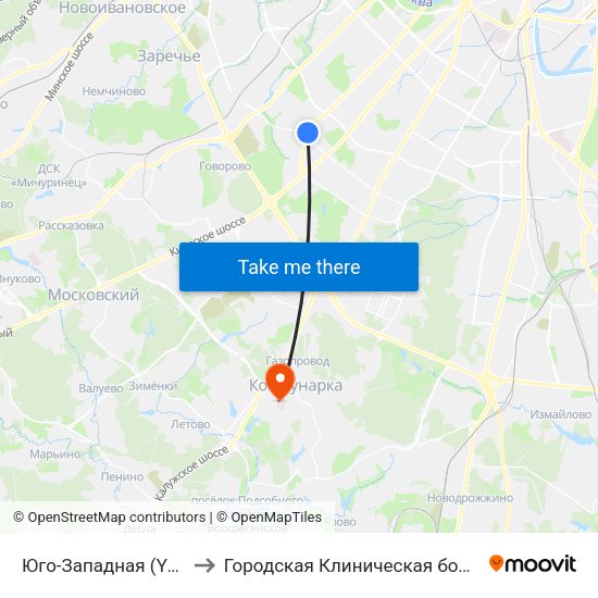 Юго-Западная (Yugo-Zapadnaya) to Городская Клиническая больница 40 Коммунарка map