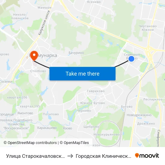 Улица Старокачаловская (Ulitsa Starokachalovskaya) to Городская Клиническая больница 40 Коммунарка map