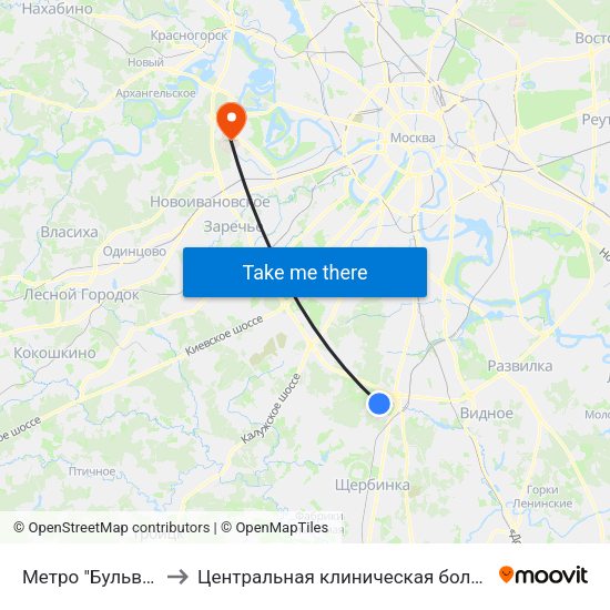 Метро "Бульв. Дмитрия Донского" to Центральная клиническая больница Управления Делами Президента РФ map
