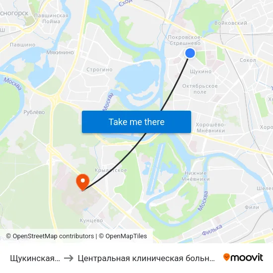 Щукинская (Schukinskaya) to Центральная клиническая больница Управления Делами Президента РФ map
