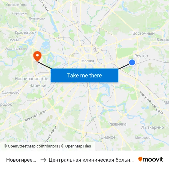 Новогиреево (Novogireevo) to Центральная клиническая больница Управления Делами Президента РФ map