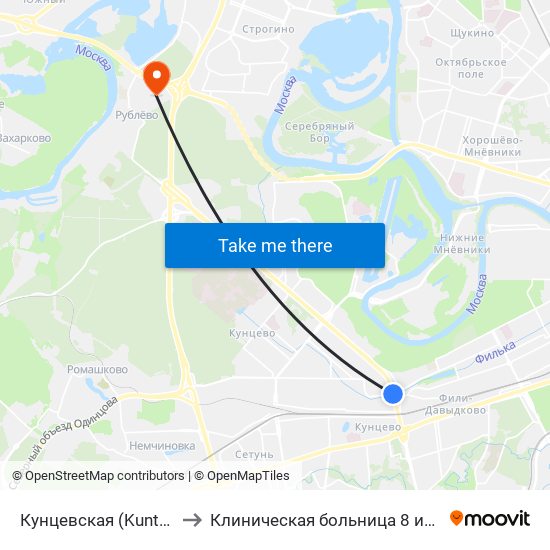 Кунцевская (Kuntsevskaya) to Клиническая больница 8 им. Соловьёва map