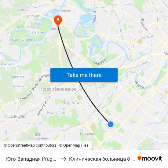 Юго-Западная (Yugo-Zapadnaya) to Клиническая больница 8 им. Соловьёва map