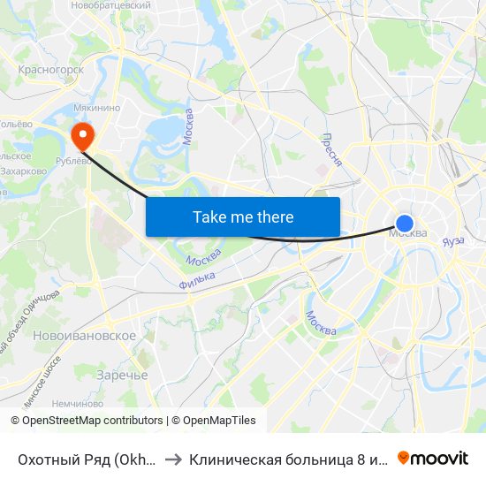 Охотный Ряд (Okhotny Ryad) to Клиническая больница 8 им. Соловьёва map