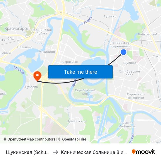Щукинская (Schukinskaya) to Клиническая больница 8 им. Соловьёва map
