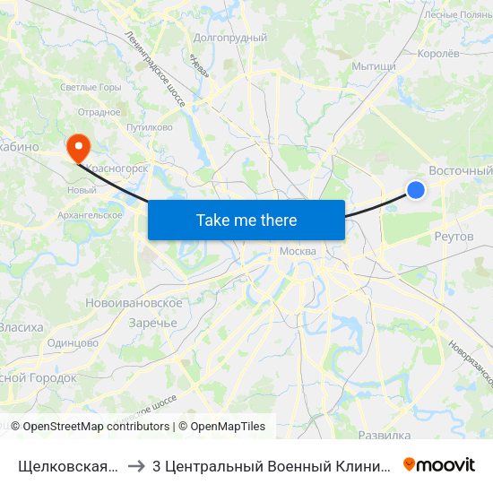 Щелковская (Schelkovskaya) to 3 Центральный Военный Клинический госпиталь им. Вишневского map