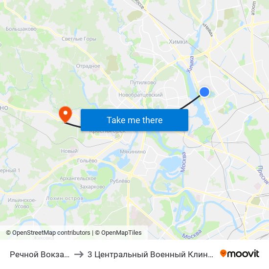 Речной Вокзал (Rechnoy Vokzal) to 3 Центральный Военный Клинический госпиталь им. Вишневского map