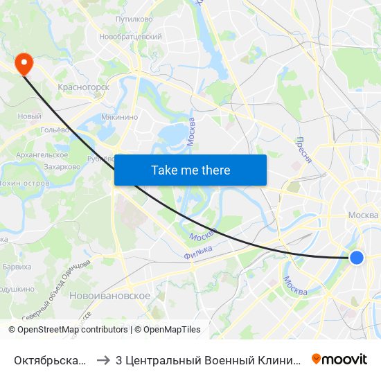 Октябрьская (Oktyabrskaya) to 3 Центральный Военный Клинический госпиталь им. Вишневского map
