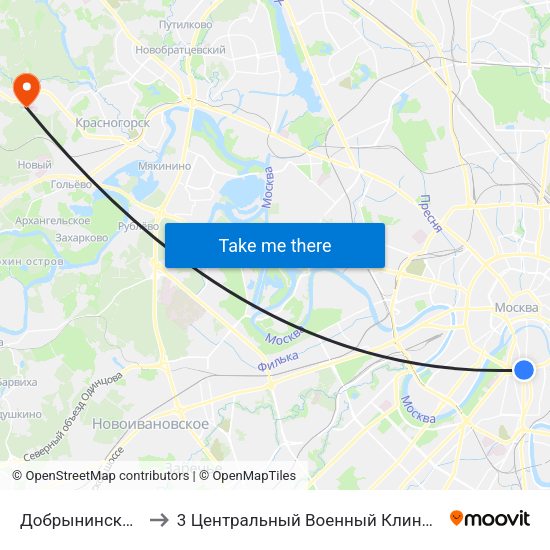 Добрынинская (Dobryninskaya) to 3 Центральный Военный Клинический госпиталь им. Вишневского map