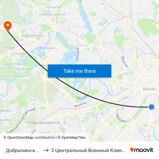 Добрынинская (Dobryninskaya) to 3 Центральный Военный Клинический госпиталь им. Вишневского map